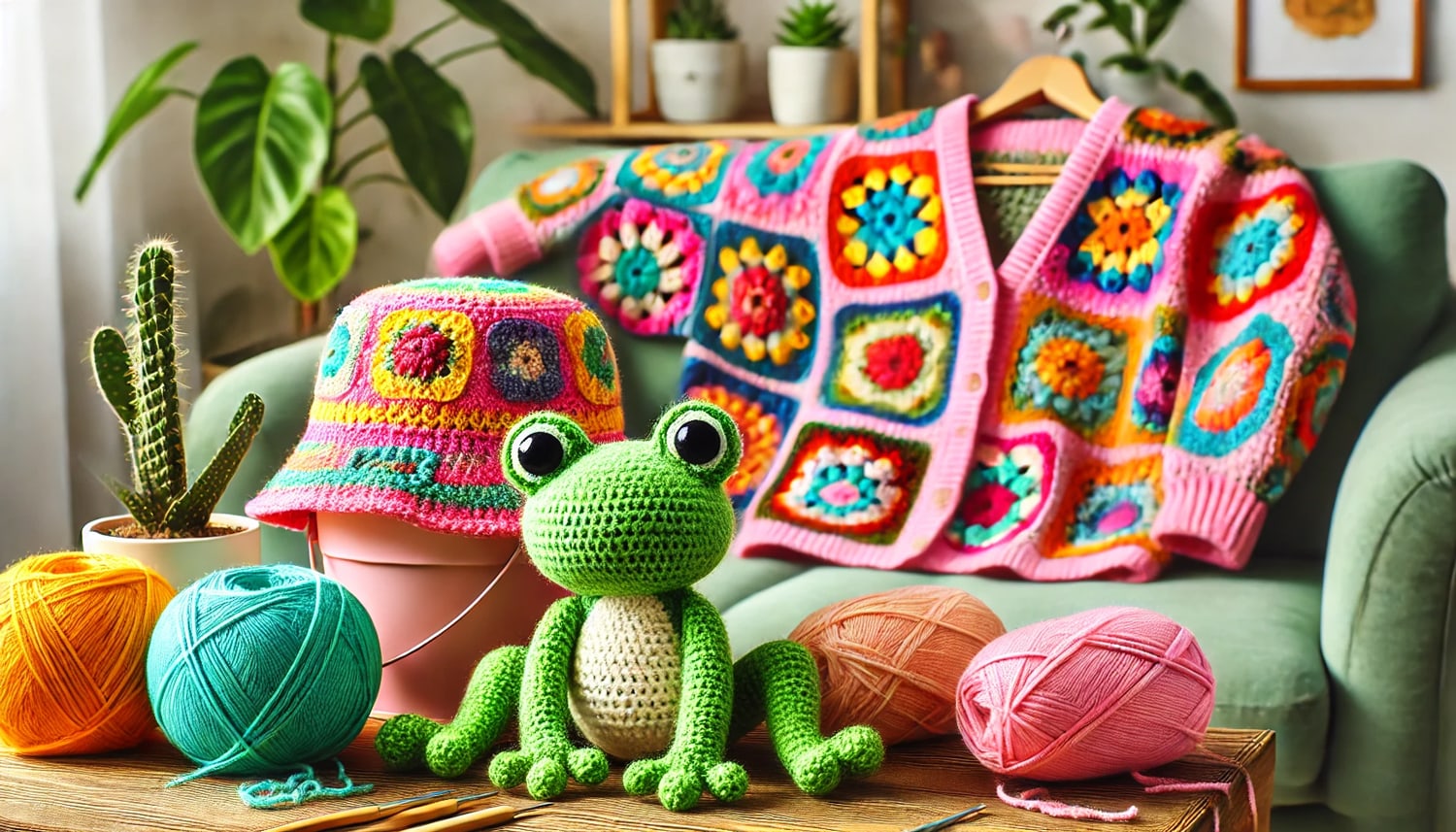 Crochet frog in the livingroom