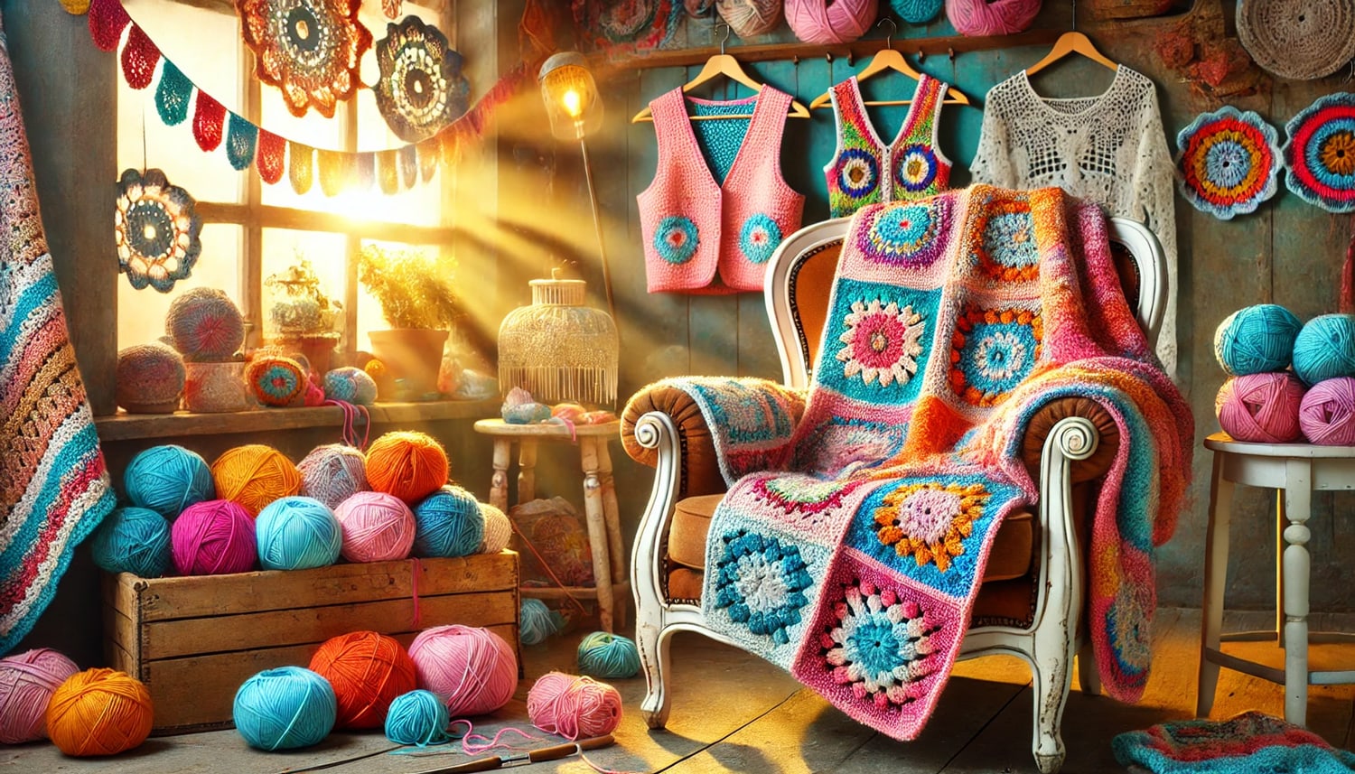 a room decorated with crochet